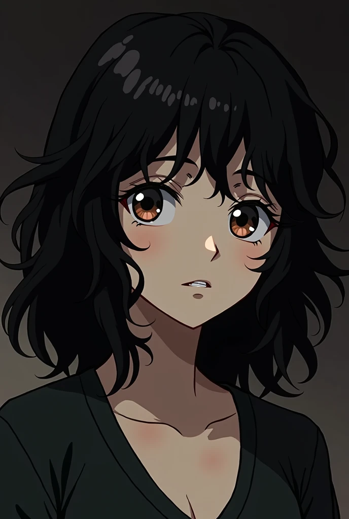 Black wavy hair、In old anime style、Serious face、Emo Comic Style、Medium dark background