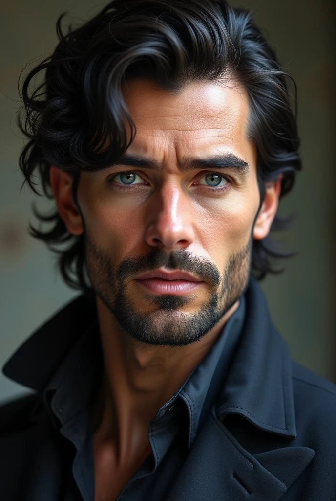 British man. Handsome, Full lips, straight nose, and a finely shaved beard and mustache. Light blue eyes and messy and middle lenght black hair.