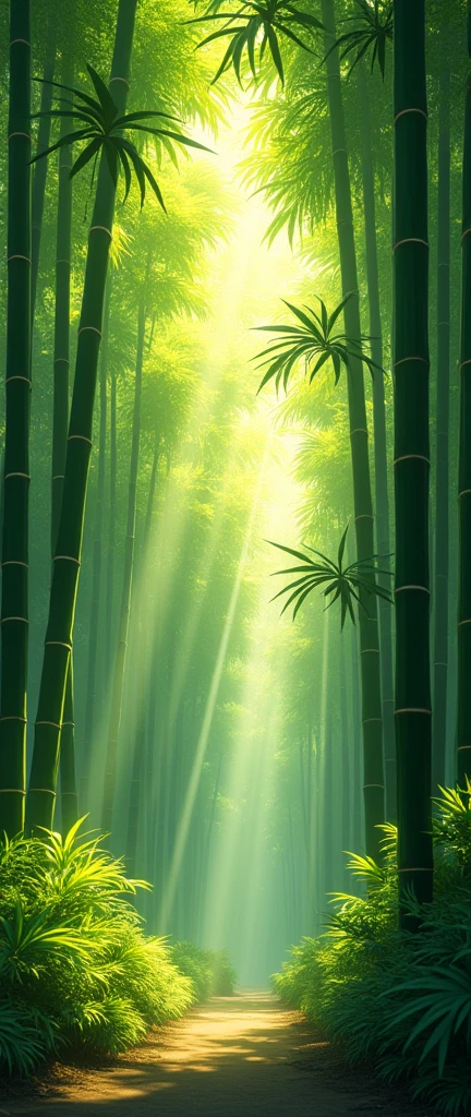 a lush green bamboo forest, Beautiful detailed bamboo stems, sunlight filtering through the leaves, Serene and calm environment, organic textures, natural lighting, vibrant green tones, (Best Quality,4k,8k,High resolution,masterpiece:1.2),ultra detailed,(realist,photorealist,photo-realist:1.37),intricate foliage, quiet forest landscape, a calm and zen atmosphere, natural surroundings, dynamic camera angle