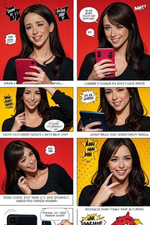 2 comic panels, dot halftone, flat color, main character is j3nn1f3rl0v3h3w1tt rising her smartphone, panels one with jnnfrlv smirk and the text "Cha-Ching" in sound effect, panel tow with Jennifer Love Hewitt laugh out loud and saying "IT IS PAYDAY!", text fontstyle comic, red dot background, cute