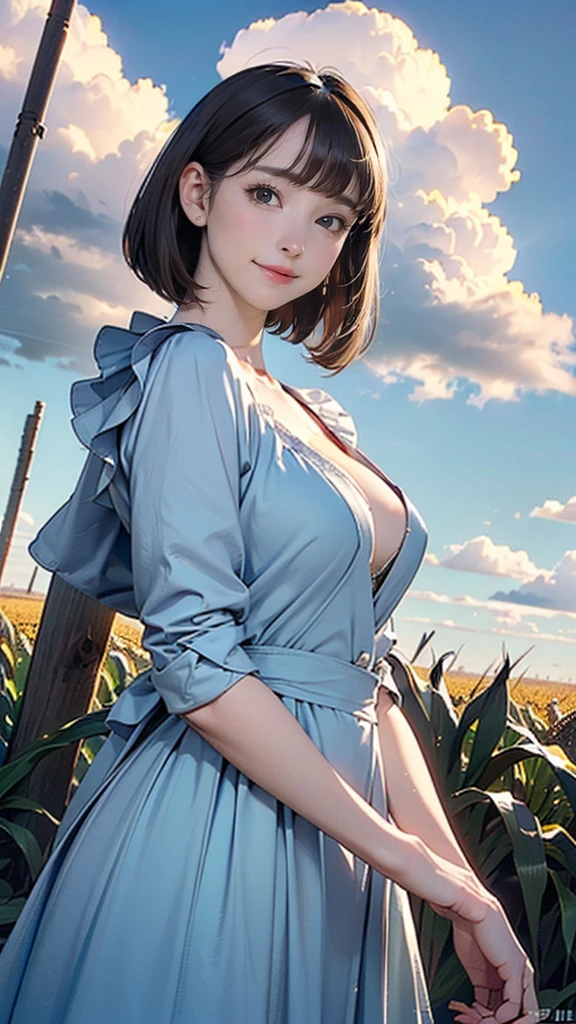 ((((Highest quality))))、(((Ultra-precision CG16K wallpaper)))、(((masterpiece)))、(((Very detailed)))、(((Extremely detailed)))、((１25  mature woman:1.6))、((とてもbeautiful日本人の顔))、((vegetables々introduction:1.5))、((Short Bob Hair、Blunt bangs:1.5))、(Shiny brown hair)、beautiful Eyes、Clear pupils、High nose、Small nostrils、Small Mouth、Seductive lips、beautiful breasts、((C cup size breasts))、Cleavage、beautiful feet、eight-headed body、Perfect Proportions、Perfect Anatomy、Perfect composition、beautiful detailed shading、beautiful, Natural light、beautiful detail glow、Written boundary depth、(((High chroma)))、(((Genuine:1.9)))、((Vivid:1.5))、((beautiful Skin))、((Skin Texture))、((Genuineな皮膚感))、(((Cowboy Shot:1.6)))、((Front view、Shoot from the front、Front Low Angle:1.6))、(((smile:1.7)))、((Women are watching this、View your viewers、Look forward:1.6))、Bright sunlight、Natural light、(((Corn field、blue sky、cloud:1.5)))、(Fashion model posing:1.6)、(((Alice in Wonderland:1.6)))、((Wearing a headband:1.5))、