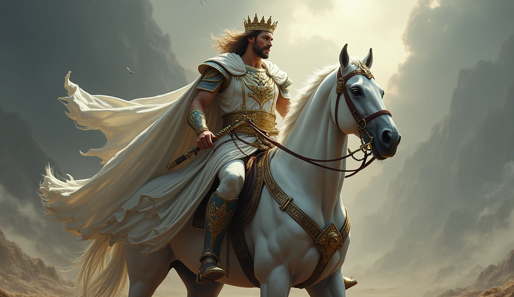 the white horse of the apocalypse with its rider mounted, with a bow in his hand and receiving a crown