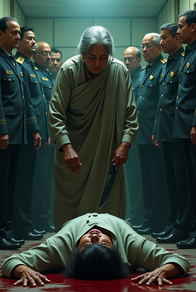 bangladesh prime minister sheikh hasina a old lady she killed a man by knife a dead body in floor in prison some police and minister stand by 