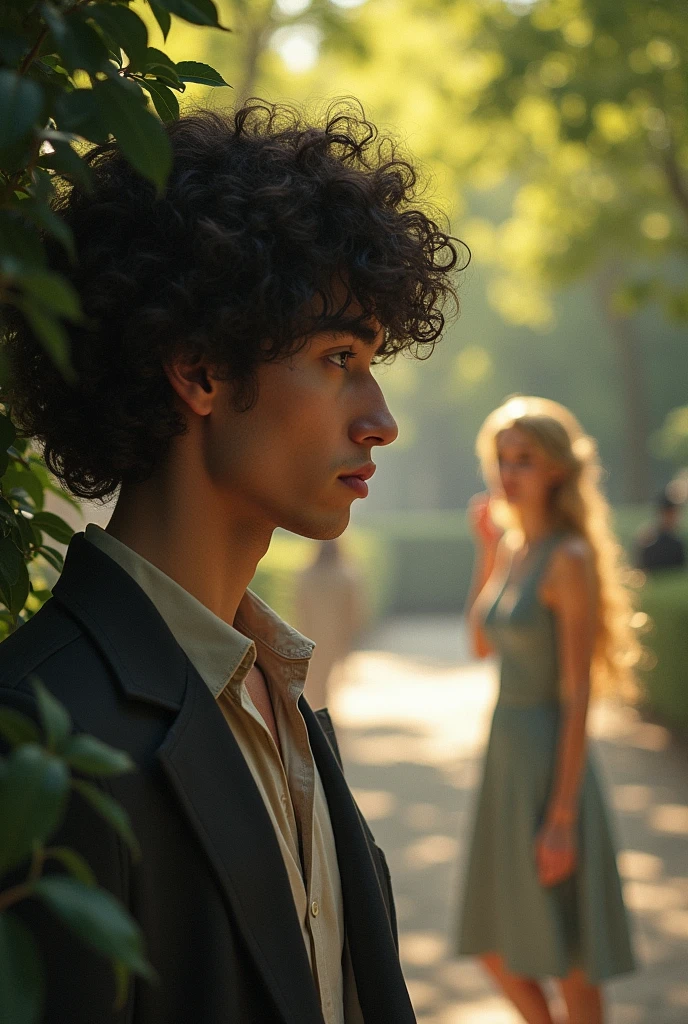A curly-haired man watching a blonde from afar
