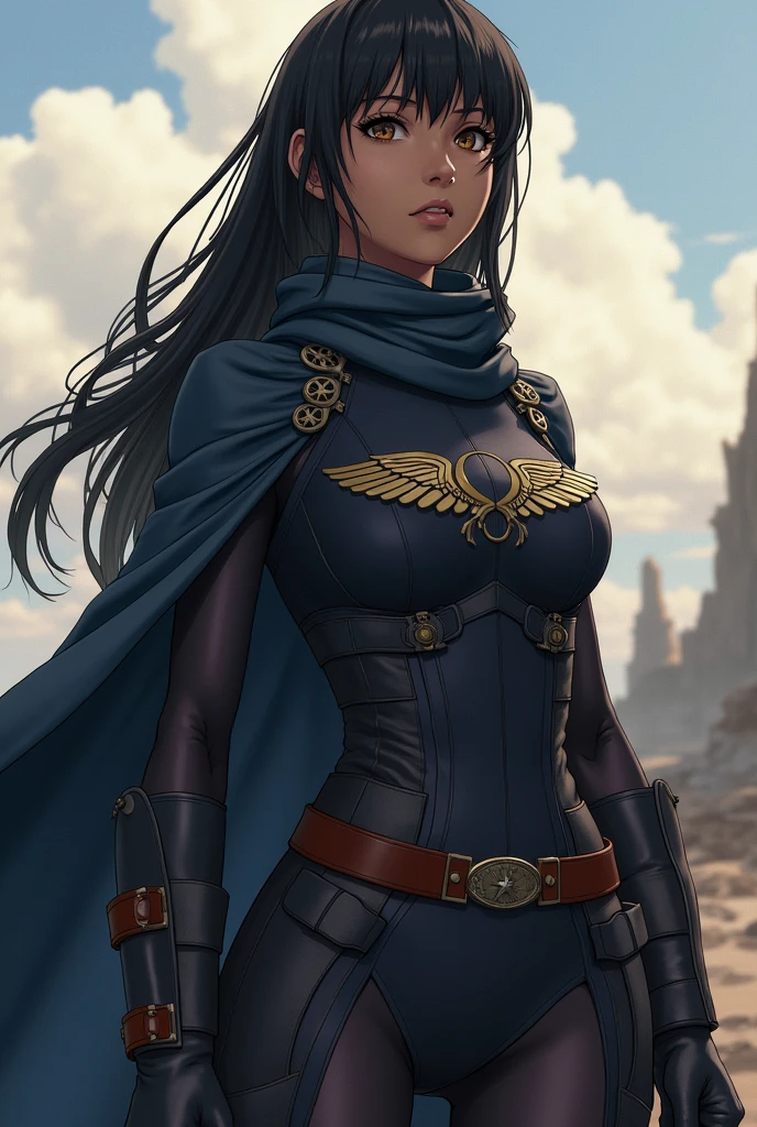 Create an image of an ideal woman for Levi Ackerman from &#39;Shingeki no Kyojin&#39;, taking into account their physical characteristics and personality. Women should be athletic, active and independent, like Levi. Your height should be approximately 1,60 m, with dark skin and long black hair. Your face should be delicate, with hazel eyes.

For the outfit, uses the uniform design of the Shingeki no Kyojin Scout Legion, like Levi. Create a detailed and anime-like image, in the style of MAPPA in the anime &#39;Shingeki no Kyojin&#39;.