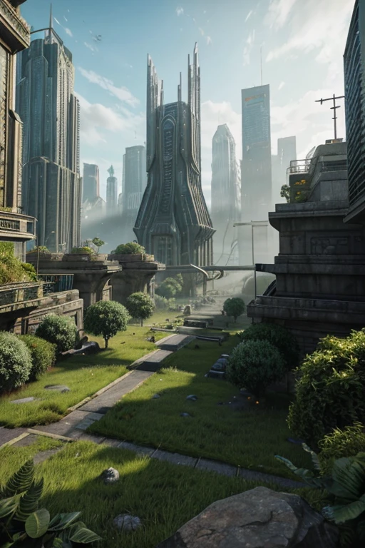 "3D level design of a sci-fi scenario for a science fiction game, featuring a protagonist who battles monsters to level up. The scene should include a mix of mythological elements, moss, plants, and advanced technology scattered throughout. The setting is a central city, depicted in a semi-top-down perspective that balances between orthographic and perspective views, capturing the essence of a vibrant and immersive game menu."