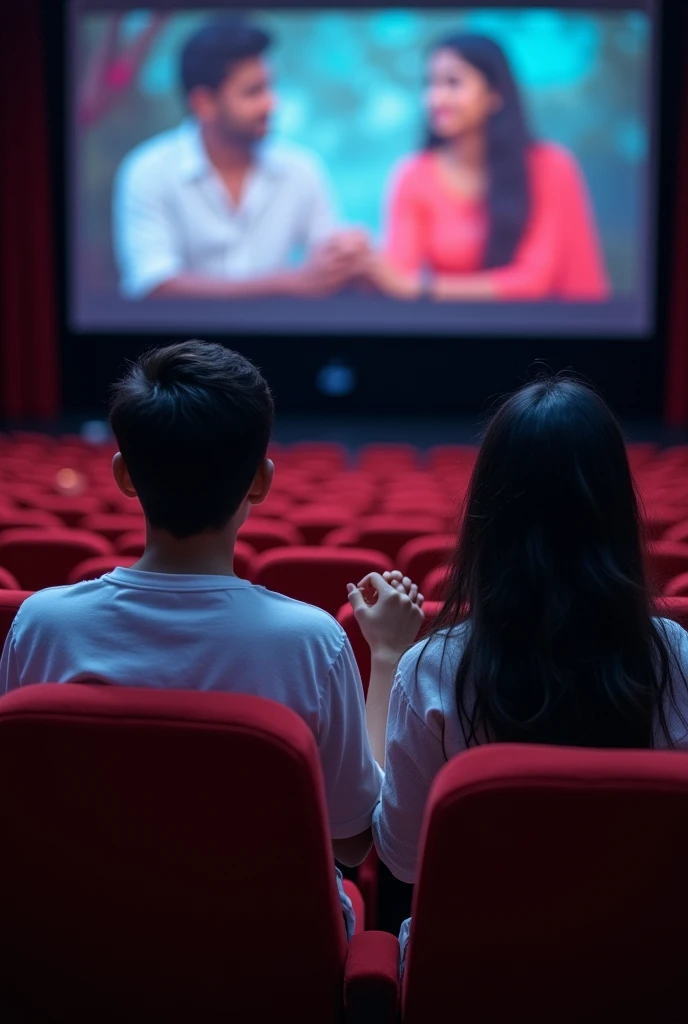 The boy and girl watching tamil movie on theatre. They sit and holding their hands each other. Boy and girl wearing white