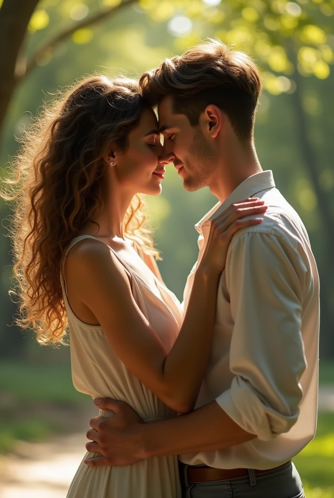 A 19 year old white woman with curly hair, kissing a boy who appears to be white