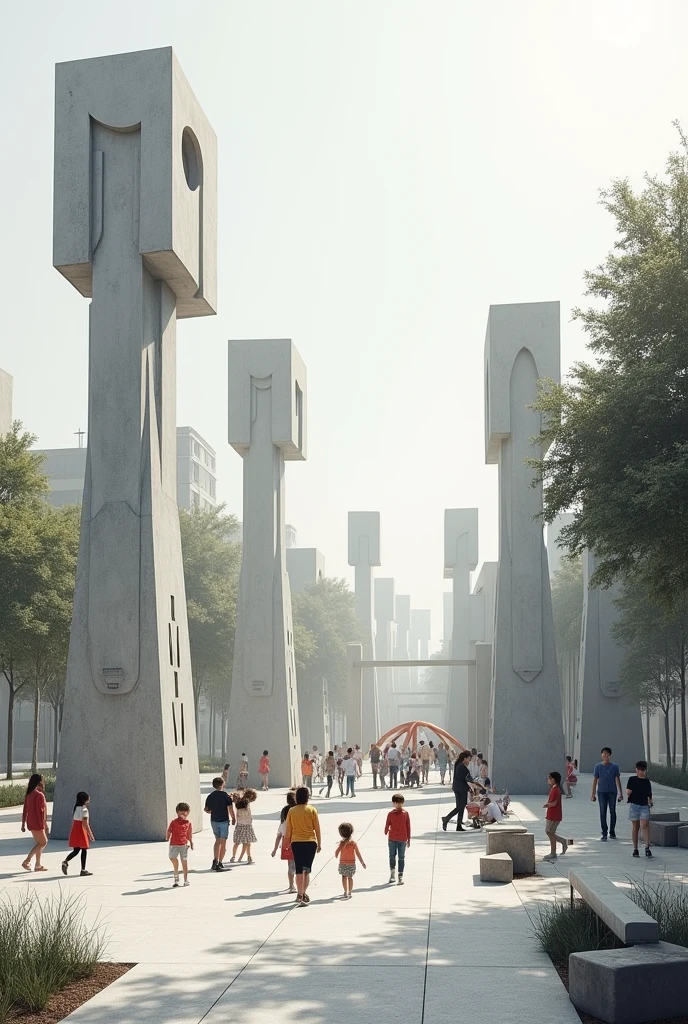 Create a park where there is no vegetation of any kind and where there are children and people playing. But make all the trees out of concrete and grey. Without any vegetation. 