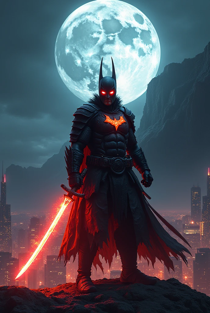 Dark samouraï yeux rouge contre Gotham armure de feu katana de lumière montagne la nuit lune étoile vue sur la ville 