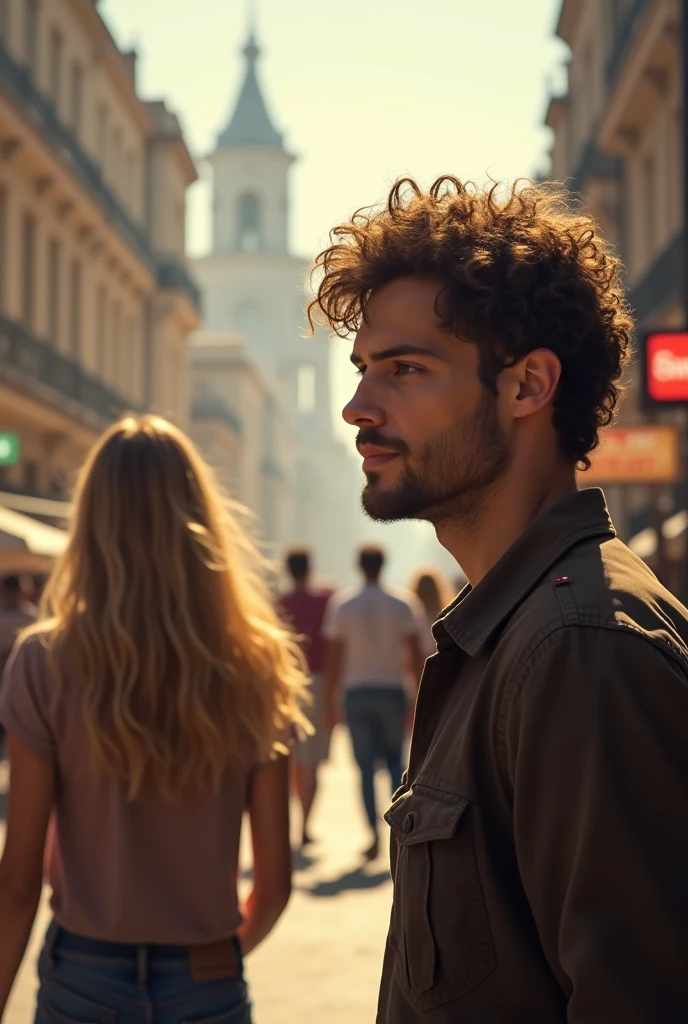 A curly-haired man seeing a blonde from afar he 