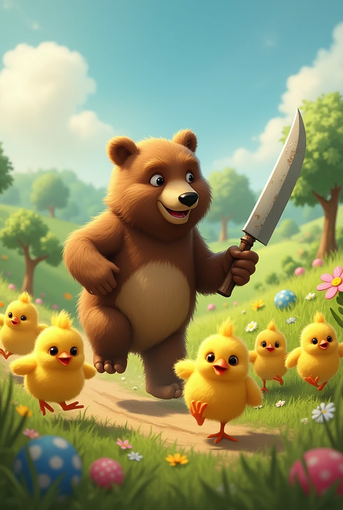Des petits poussin jaune, qui cours après un ours avec un couteau