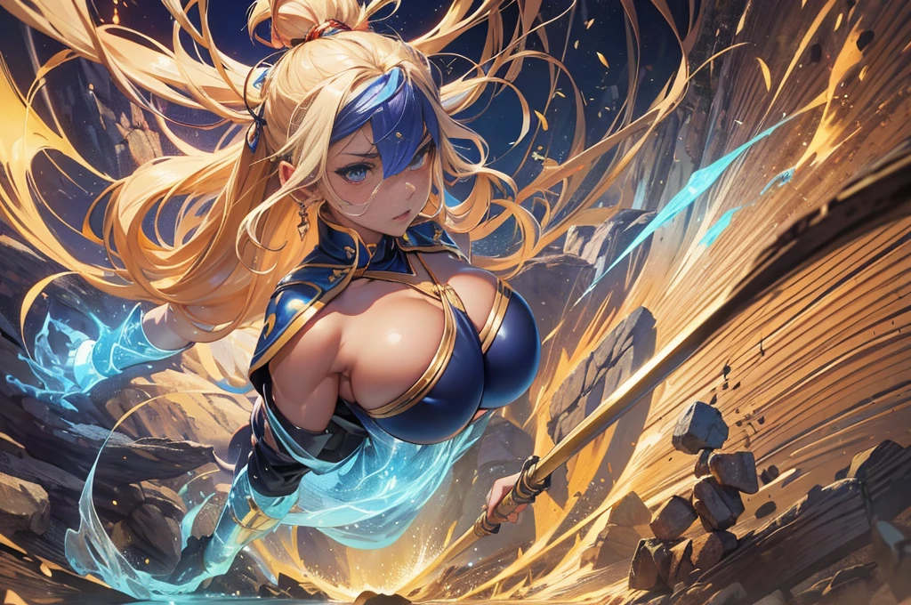 Amazoness, Full body portrait, (cave, Fighting monsters, Swinging an axe), Golden wavy hair, blue eyes, (Perfect ), (Perfect Eyes) 彼女の体型は非常にMuscularで豊満だ, Huge , Heavy , Abdominal musclesが割れている, Micro  with small cloth area, 大きなAbdominal muscles, ((She's holding a big axe)), Artwork, Lots of details, 8k, CG , Cinematic ,High resolution, masterpiece, masterpiece, Highest quality, ( Detailed skin texture, Super-detailed body: 1.1), (Highly detailed skin: 1.2), (Muscular, Muscular biceps, Abdominal muscles: 1.2)