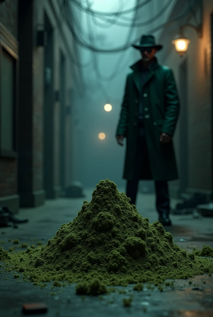 Hash de cbd 3D dans une ruelle sombre, en arrières plan a droite un homme chapeaux noir lunette de soleil noir smoking vert, en arrières plan version dark urban