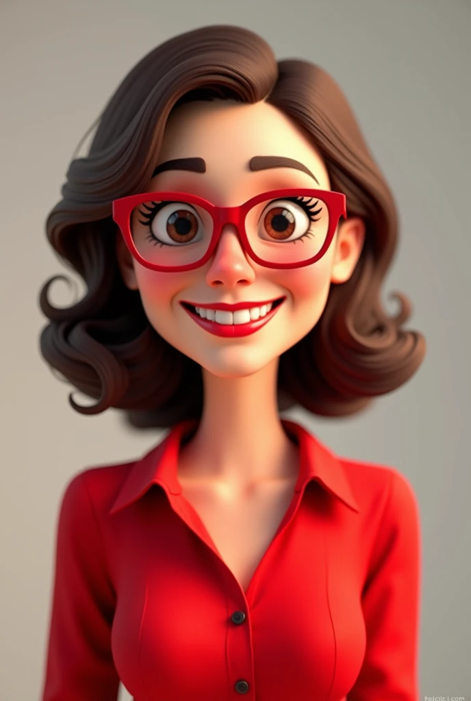 adult woman avatar, 40 year old white executive with medium length brown hair, smiling with red lipstick and red blouse, wearing red framed glasses. Pixar-style, disney, 3d