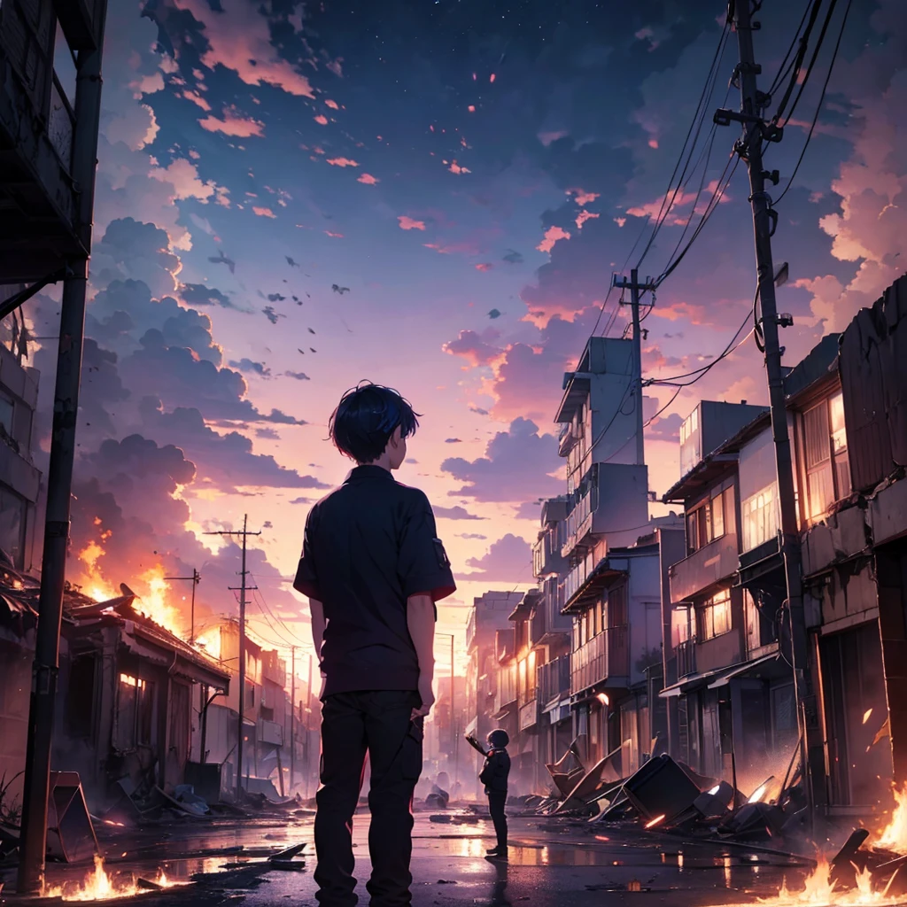 Boy looking at the landscape of a destroyed city and in chaos. purple tones, red and blue. to become night. City on fire. 