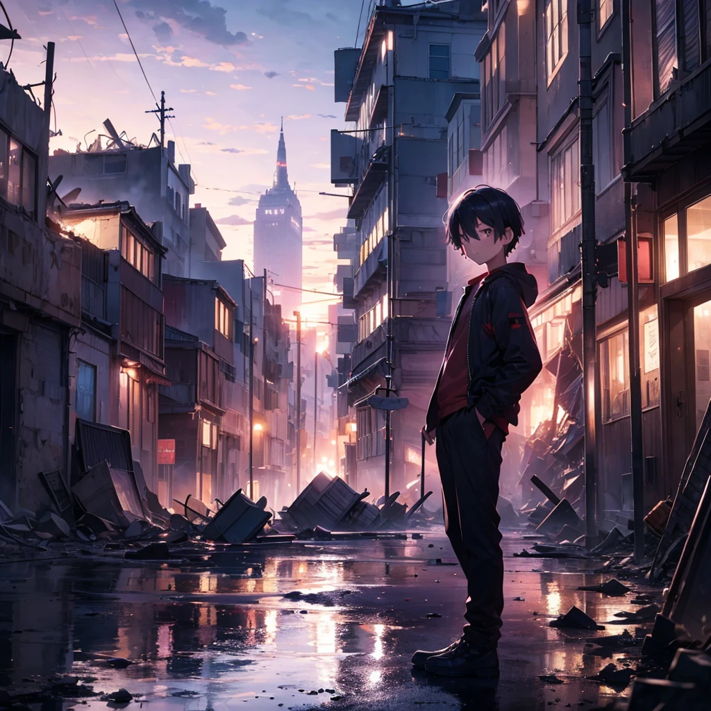 Boy looking at the landscape of a destroyed city and in chaos. purple tones, red and blue. to become night. City on fire.