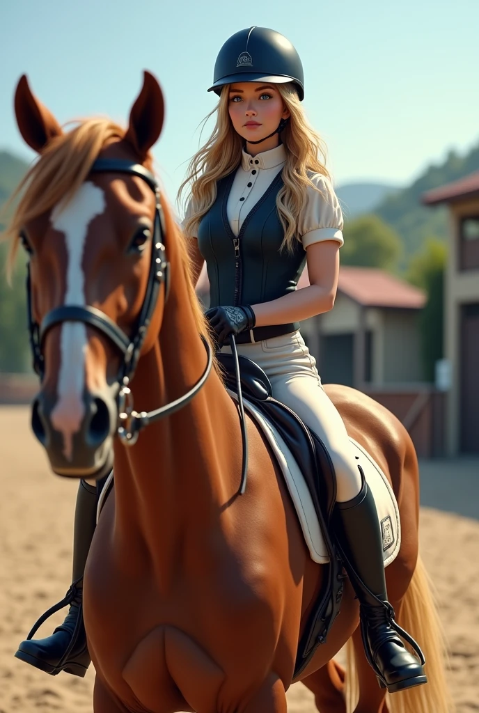 Create a realistic image of a 20 year old woman, Long blonde hair, Blue eyes, cheekbones,
  ((full body)) dressed in riding clothing, a helmet (bomb), safety vest, riding pants, boots with chaps, on a brown horse, background image : an equestrian center, head to toe, full body, hyper realistic photo