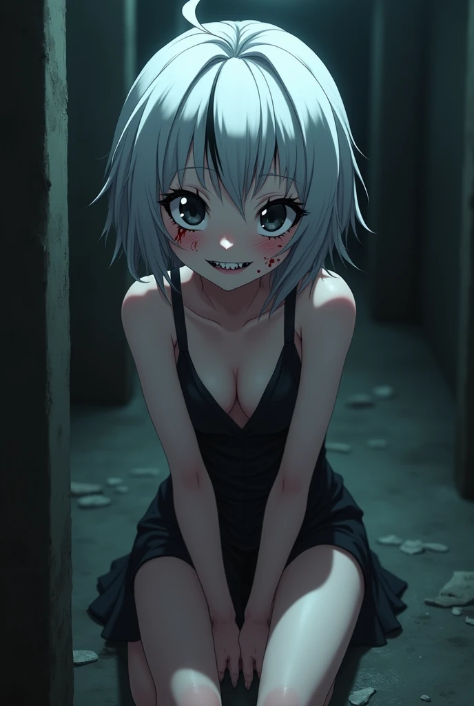 A creepy smiling girl with deep black eyes short white hair with black streaks and short clothes with a weird pose in a dark place in anime form and long eyelashes with slanted eyes and a little blood on her sexy face in anime form