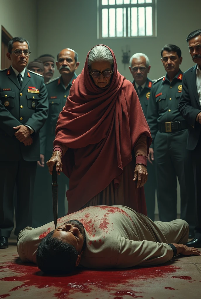 bangladesh prime minister sheikh hasina a old lady she killed a man by knife a dead body in floor in prison some police and other minister stand by 