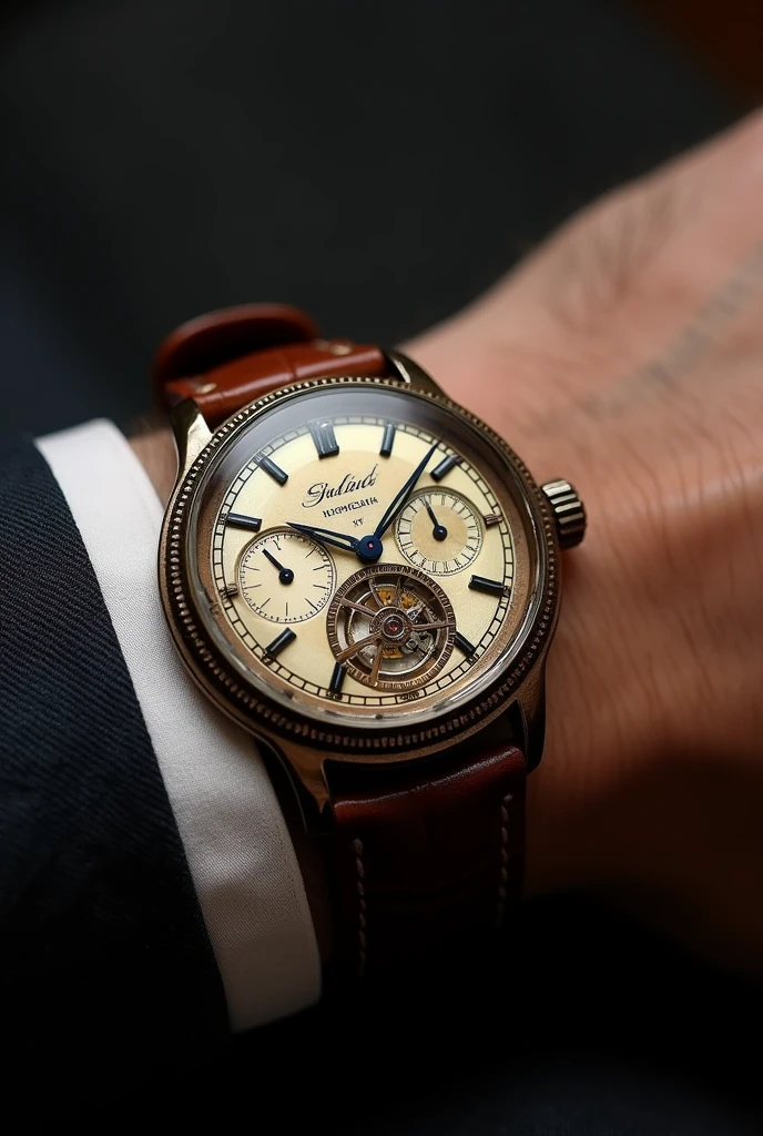 A watch which is worn by a hardworking successful man, who feels royal by wearing it, which is of old money style, which is generational, which has ancient touch, unique belt