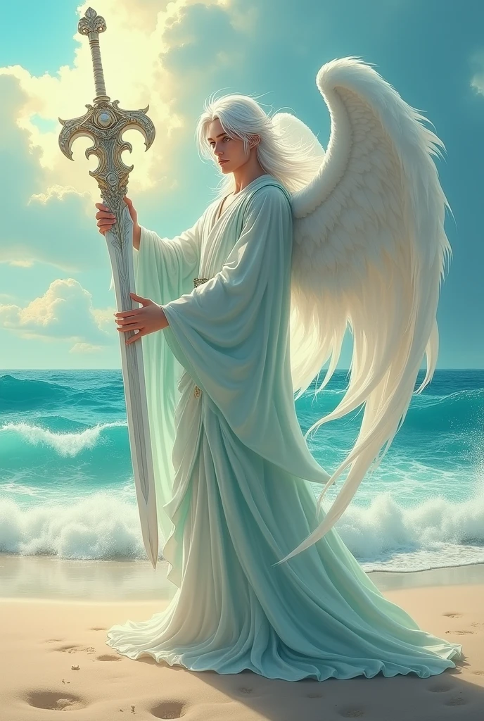 Male angel of the water element, with silver hair and sword, beach background