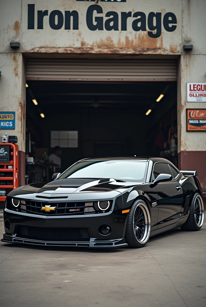 Chevrolet OMEGA lowered in front of the workshop named IRON GARAGE
