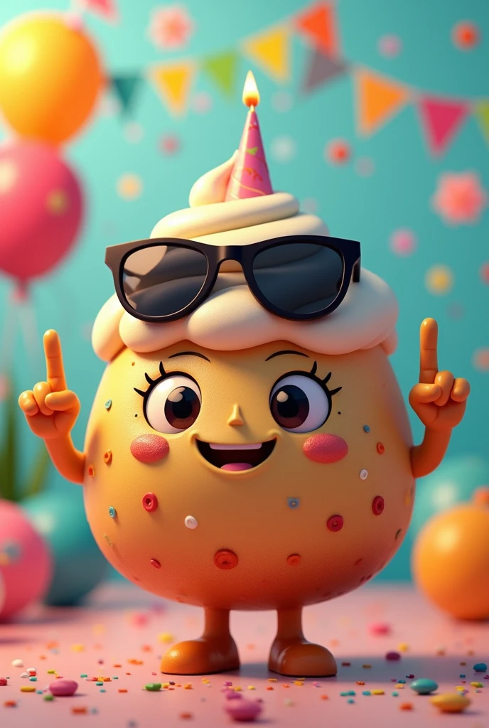 Please make a birthday cake character that has hands and feet and on the hands it has the rock sign and on the head it has dark glasses. 
