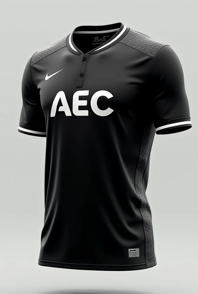 create a jersey black color whith modern graphics written AEC in front and modern tech graphics with white collar