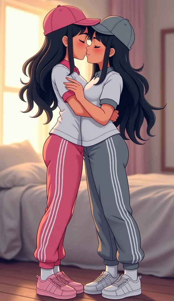 Two girls long black hairs, yuri
The first girl wear a white polo shirt pink shirt collar pink sleeves, pink cap, pink adidas sweatpants with three white stripes, white socks, pink adidas sneakers.
The second girl wore a white an polo shirt grey shirt collar grey sleeves, grey cap, grey adidas sweatpants with three white stripes, white socks, grey adidas sneakers.
The hem of their polo shirt was tucked into their pants.
hugging, kissing, sensual body, closed eyes, handle touch and squeeze on the butt, bedroom, novel cartoon, 4K, HD