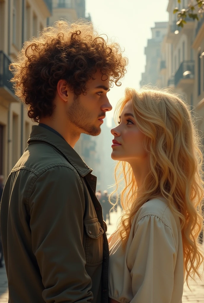 A curly-haired man seeing a blonde from afar and in love 