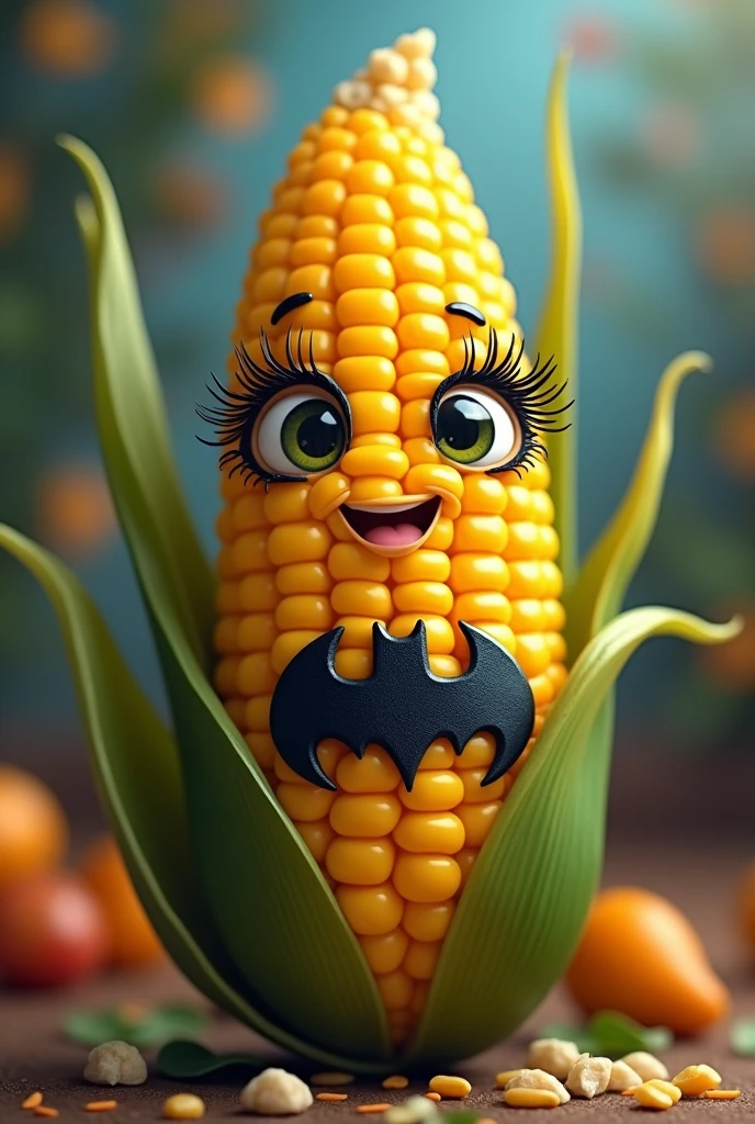 A corn with eyelashes and batman logo