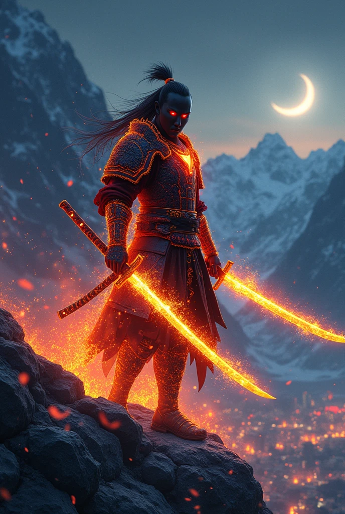 Dark samouraï yeux rouge armure de feu katana de lumière montagne la nuit lune étoile vue sur la ville