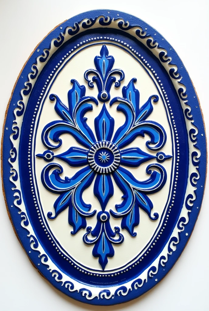 Hello, could you create an oval Talavera-style sign using only white and royal blue?