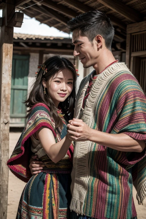 Man and woman wearing traditional tribal poncho-type clothing with ethnic plaids. In a village dancing.