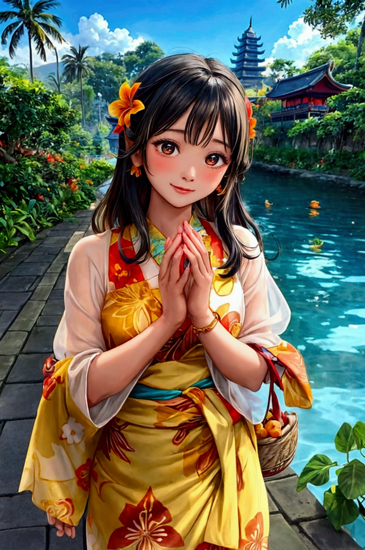 A lady Balinese girl dressed in a vibrant, intricately patterned kebaya top and a batik sarong wrapped gracefully around her waist. Her long, dark hair is adorned with fragrant frangipani flowers tucked behind her ear, while her eyes sparkle with the innocence of youth. She stands barefoot on a pristine beach, the turquoise waters of the Indian Ocean gently lapping at her toes, as she holds a traditional Balinese offering in her delicate hands. The offering, a small basket woven from palm leaves, is filled with colorful fruits, rice, and flowers, which she has carefully selected and arranged herself. In the background, the iconic silhouette of a majestic temple rises from the lush, green rice terraces, its spires pointing towards the clear blue sky. The sun is setting, casting a warm, golden glow over the scene, with the sky a canvas of vibrant oranges and pinks that blend into the horizon. The girl's shadow stretches out before her, hinting at the long tradition and spiritual connection she shares with the island of Bali. Her gaze is focused and serene, reflecting the peace and beauty that is an integral part of the Balinese way of life.