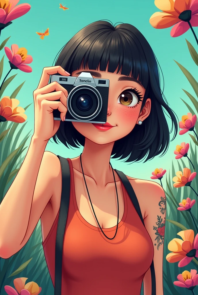 A Woman Photographer, Caucasian skin, Round face, tattoo on arm, freckles, black hair with bangs . Cartoon