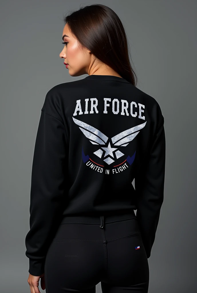 Clear! Aquí tienes una idea para un diseño de suera negra con cuello para cadetes femeninas de la Air Force:

**Front of T-Shirt:**
- **text at the top:** "Air Force" in big, fancy letters, in white or navy blue.
- **central image:** A stylized emblem of airplane wings with a star in the center, in shades of blue and silver to give a modern and professional touch.
- **Under the emblem:** the text "Female Cadets" in a smaller, clearer font.

**Back of T-Shirt:**
- **text at the top:** "United in Flight" in a cursive or handwritten font, for a feminine and dynamic touch.
- **Additional image:** A small branded plane pillan The design must maintain a balance between the professional and the stylized, reflecting both the discipline and the spirit of the cadets.