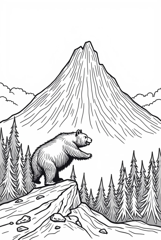 coloring book of a single bear jumping from a big mountain in the huge forest, no color, cartoon style, thick lines, strokes only, white background