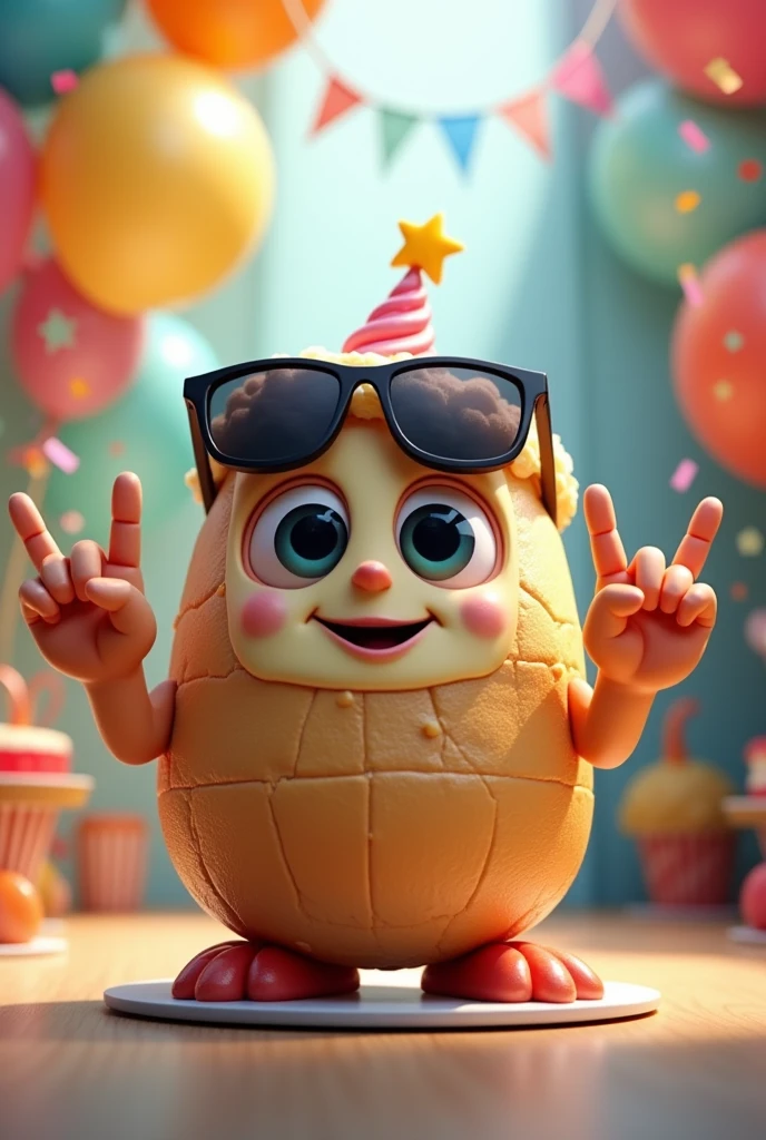 Please make a birthday cake character that has hands and feet and on the hands it has the rock sign and on the head it has dark glasses. 
