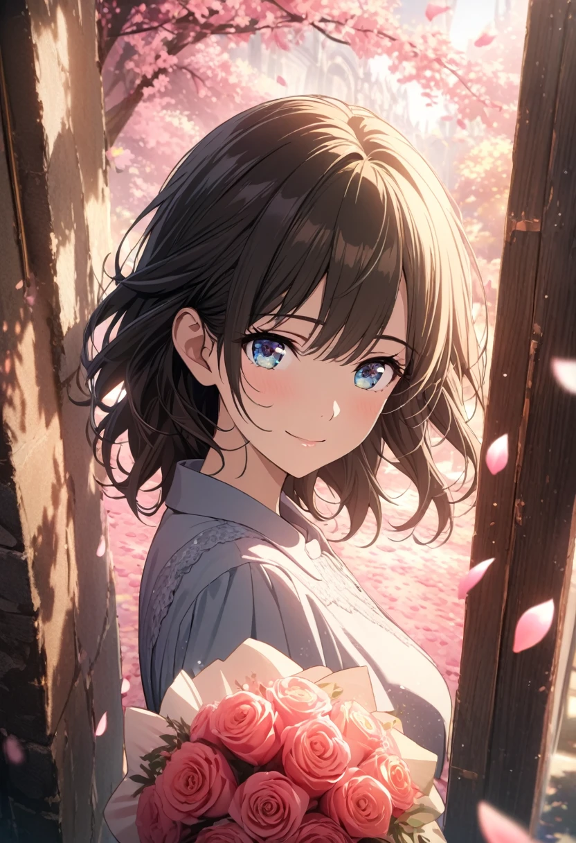Intermediate View, Medium Shot, Depth of written boundary, pink々shattered into, Upper Body, Movie angle, masterpiece, Highest quality, Very detailed, CG, 8k wallpaper, Pretty face, Beautiful Eyes, , alone, smile, bangs, skirt, shirt, have, skirt, bow, petal, bouquet