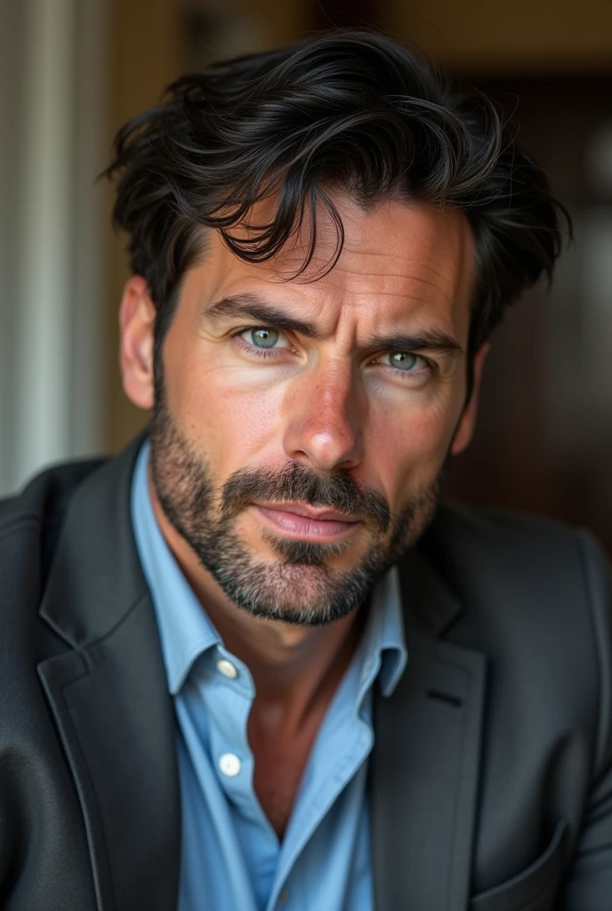 British man. Handsome, husband and father. Full lips, straight nose, and a finely shaved beard and mustache. Light blue eyes and messy and middle lenght black hair.  