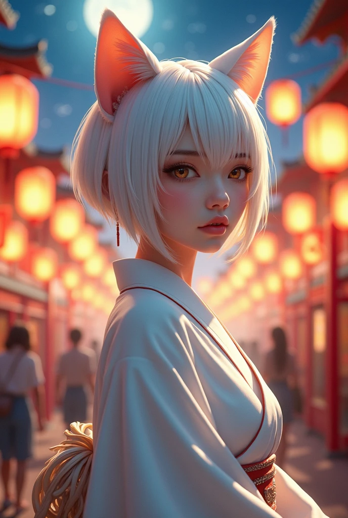 (photorealism:1.2), beautiful cat woman, with short white hair , wearing white kimono and background with moon festival