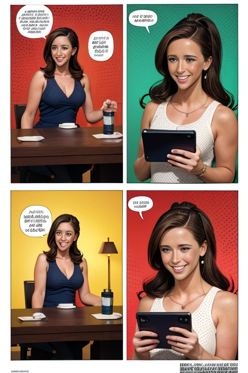 2 comic panels, dot halftone, flat color, main character is Jennifer Love Hewitt rising her smartphone, panels one with Jennifer Love Hewitt smirk and the text "Cha-Ching" in sound effect, panel tow with Jennifer Love Hewitt laugh out loud and saying "IT IS PAYDAY!", text fontstyle comic, red dot background, cute