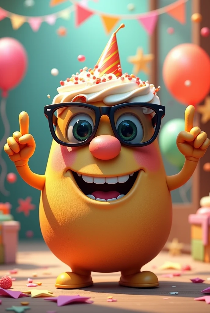 Please make a birthday cake character that has hands and feet and on the hands it has the rock sign and on the head it has dark glasses.