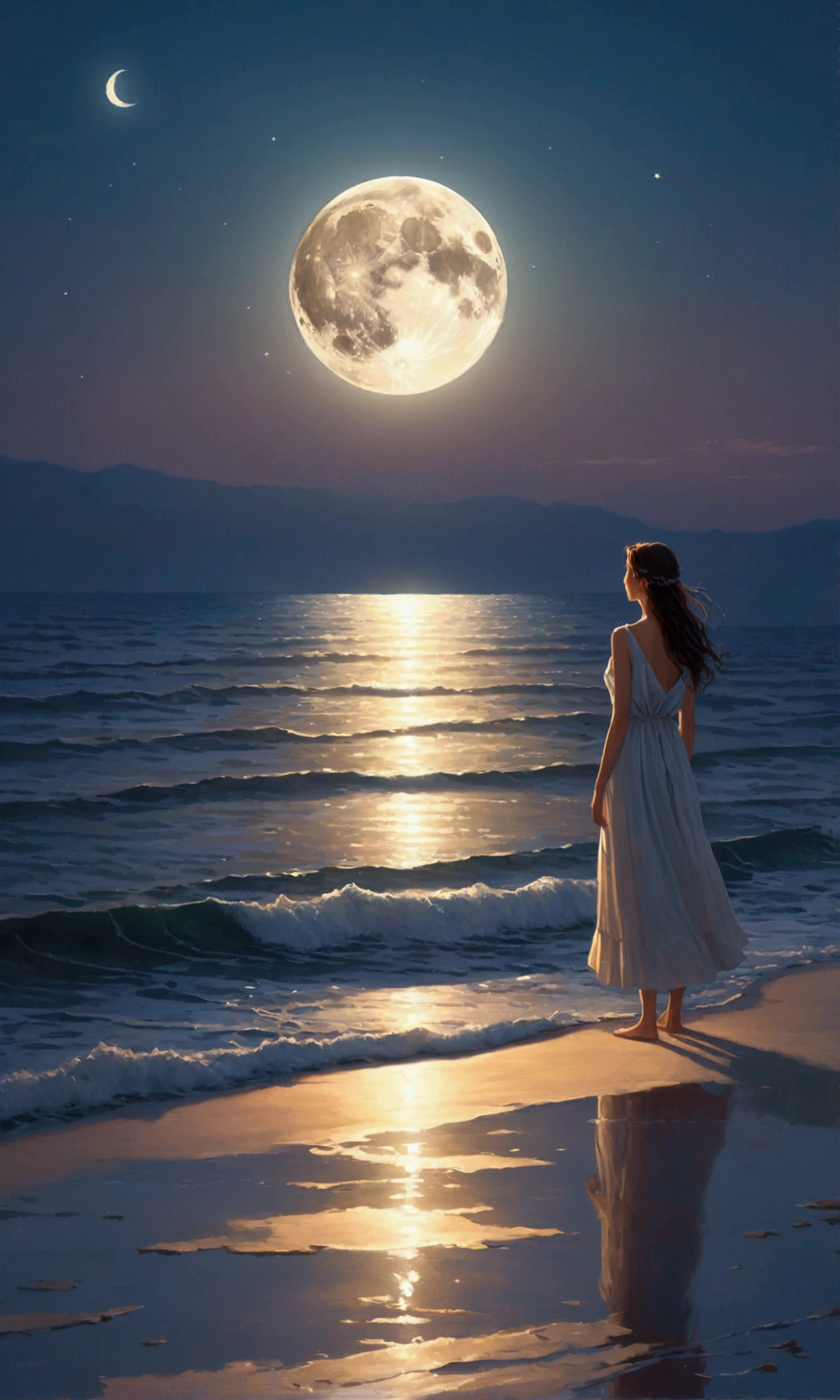 Visualize a quiet evening by the sea, where a person stands on the shore, their face illuminated by the light of the moon. The shimmering water reflects their radiance, symbolizing the purity and peace found in seeking God.