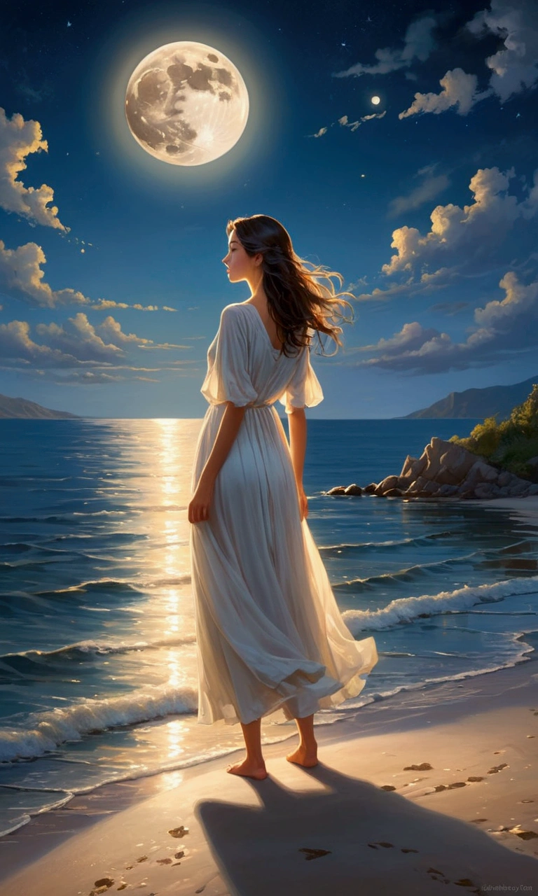 Visualize a quiet evening by the sea, where a person stands on the shore, their face illuminated by the light of the moon. The shimmering water reflects their radiance, symbolizing the purity and peace found in seeking God.