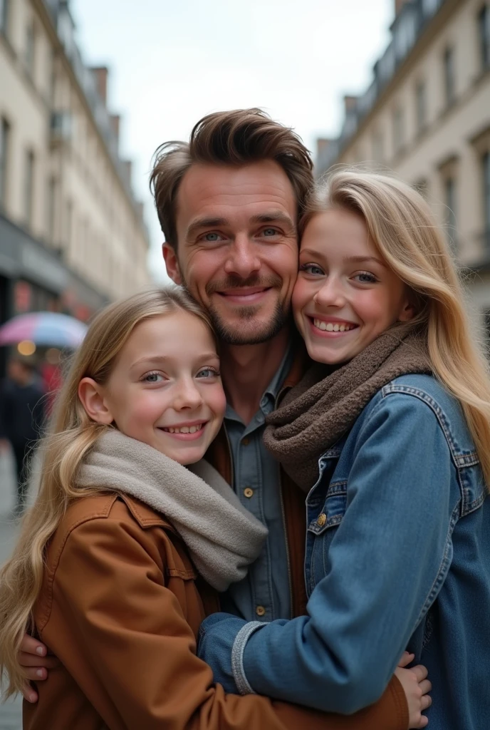 Blonde child , blue eyes very long hair hugging her father, brown hair and eyes and her mother blonde green eyes long hair taking a selfie on the streets of London 8k ultra realistic 