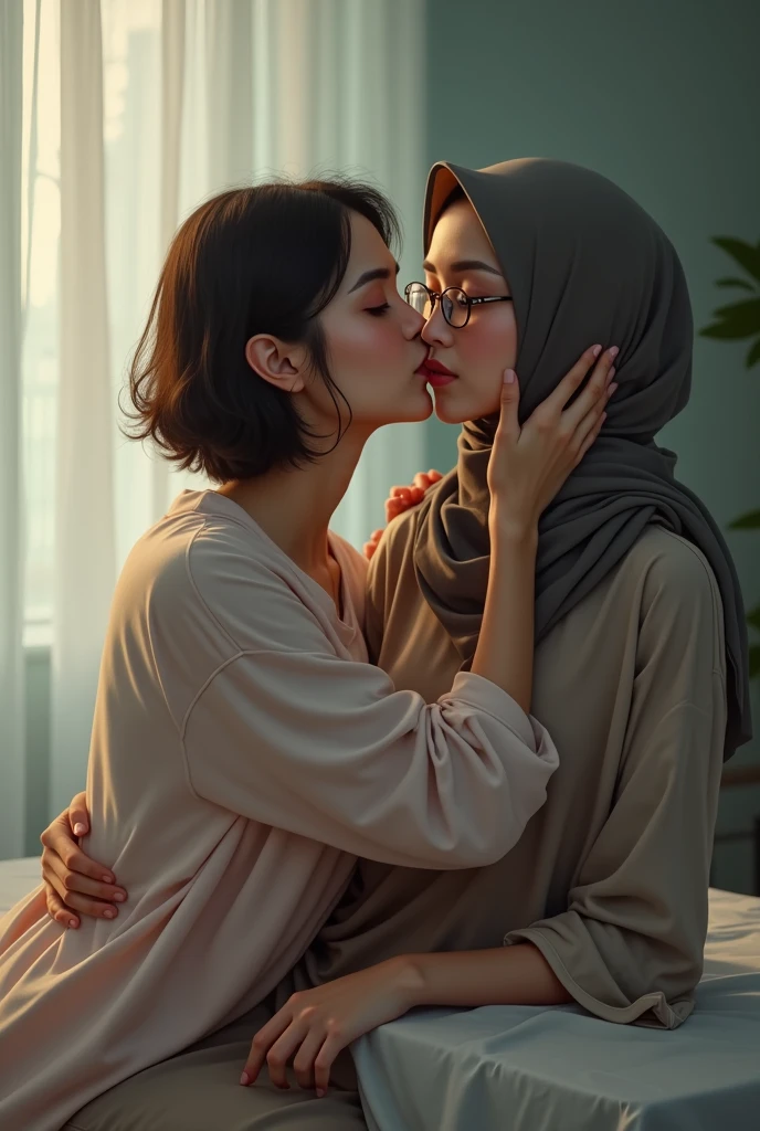 beautiful 35 yo indonesian hijab teacher wearing glass,pajama,pale eyes,sat on the table,hug from.behind by a 20 yo woman,,short hair,wearing longdres,smooch neck