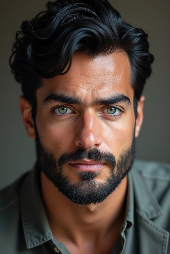 Canadian man. Handsome, husband and father. Full lips, straight nose, and a finely shaved beard and mustache. Light blue eyes and messy and middle lenght black hair.  